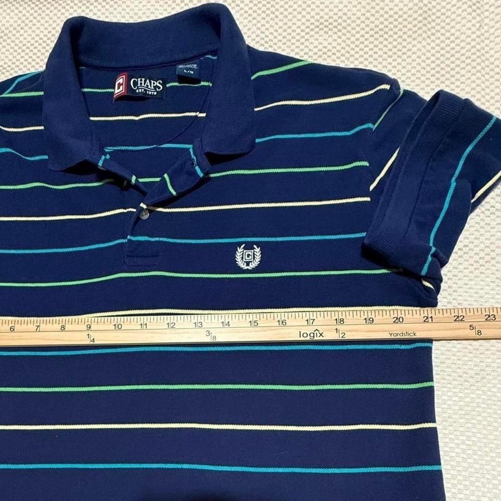 Chaps Polo Shirt Mens Large Navy Blue Striped Short Sleeve Cotton Pique Logo - Picture 3 of 8
